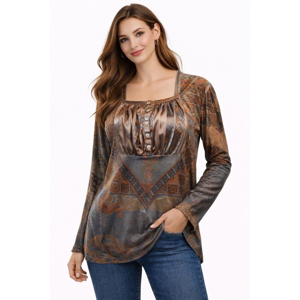Nextop Boho Patchwork Top XL Square Neck Button Front Long Sleeve Velvet
